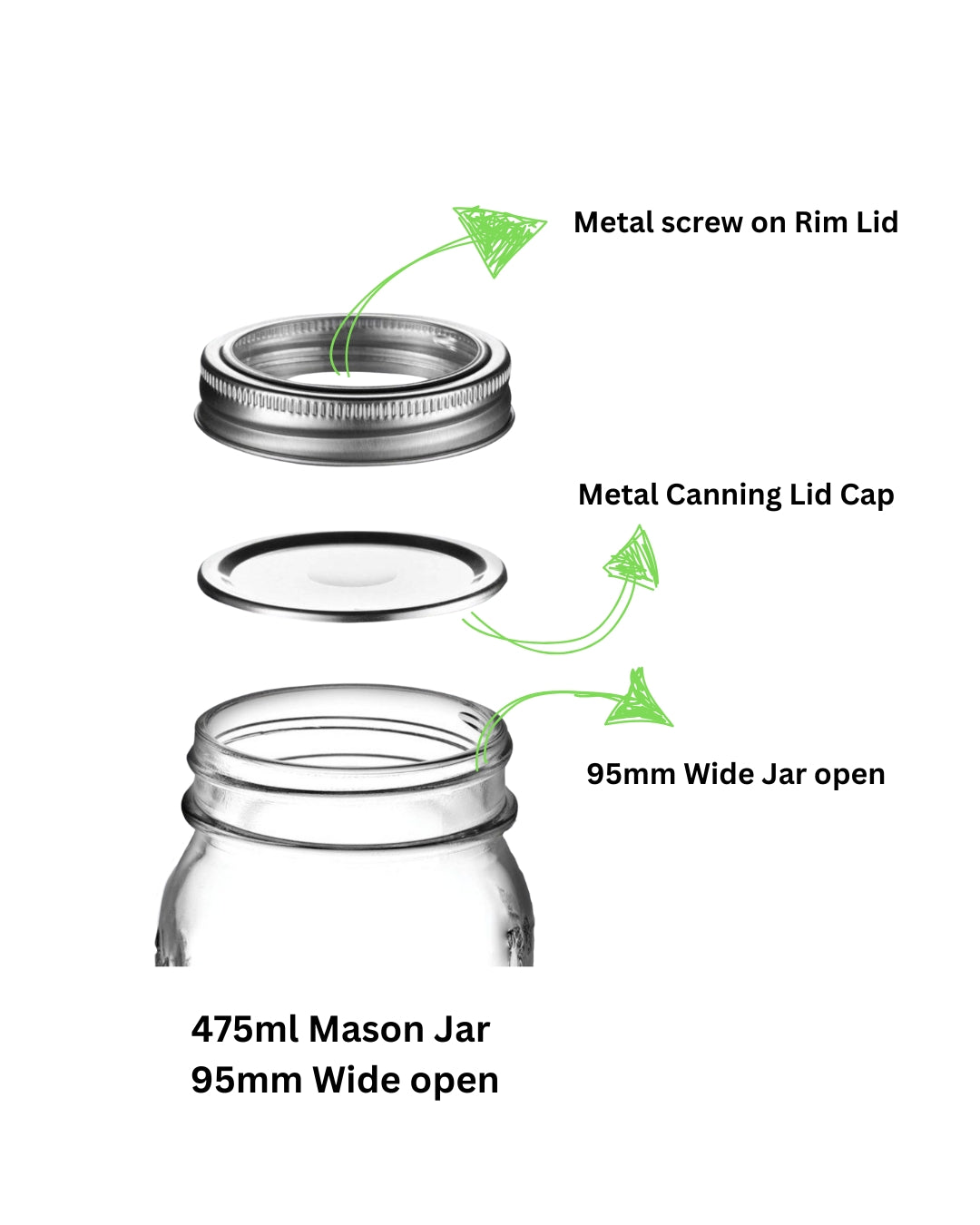 vac Jar Mason Jars 475ml 95mm Wide open Info on Lid 