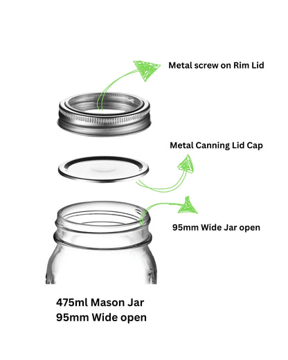 vac Jar Mason Jars 475ml 95mm Wide open Info on Lid 